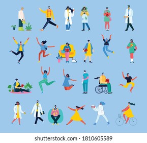 Vector illustration background in flat design of group people doing different activity in the flat style