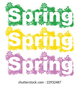 Vector illustration with background flowers and the word spring cutting through them.