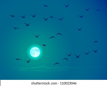 Vector illustration background of flying birds against pale moon in blue, green tone.