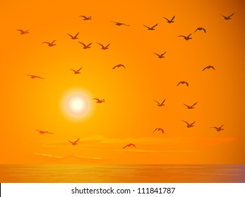 Vector illustration background of flying birds against hot sun in orange tone over sea.