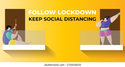 VEKTORILLUSTRATION-ILLUSTRATION FÜR FOLGENDES LOCKIEREN UND SOZIALE DISTANZIERUNG HALTEN 