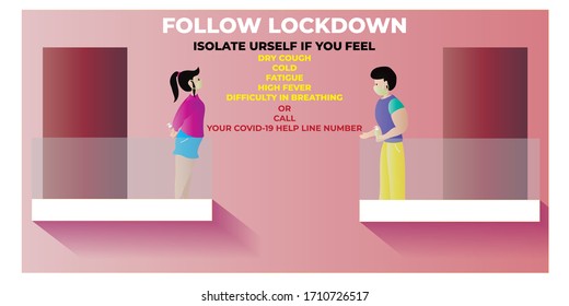VECTOR ILLUSTRATION FOR BACKGROUND OF FOLLOW LOCK DOWN AND KEEP SOCIAL DISTANCING TO AVOID DEADLY CORONA VIRUS SPREAD.