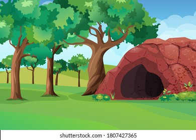 Vector illustration background of the forest scenery with green grass and cave