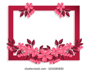 Vector illustration of background frame of pink spring flowers (sakura or cherry blossom). For the decoration, design postcards, greeting, invitation for a birthday, wedding, party, holiday.
