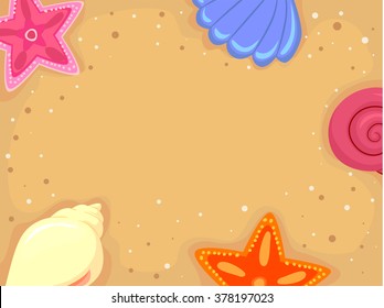 Vector Illustration of Background Frame of Sand with Starfish and Sea Shells