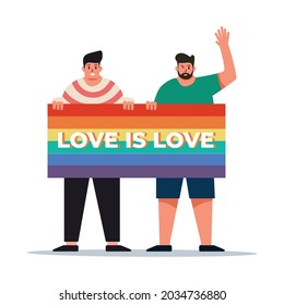 Fondo de ilustración vectorial, una pareja gay con bandera del orgullo diciendo que el amor es amor. LGBT, orgullo, feminista, homosexual.