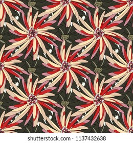 Vector illustration. Background of geometric shapes and Mandalas in red, gray and orange colors. Mosaic seamless pattern.