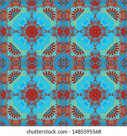 Vector illustration. Background of geometric shapes and Mandalas in red, green and blue colors. Mosaic seamless pattern.