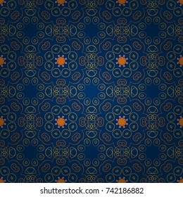 Vector illustration. Background of geometric shapes and Mandalas in blue, orange and yellow colors. Mosaic seamless pattern.