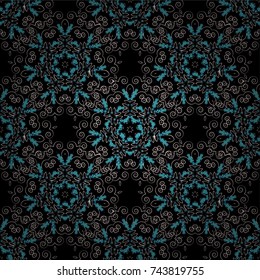 Vector illustration. Background of geometric shapes and Mandalas in black, blue and purple colors. Mosaic seamless pattern.