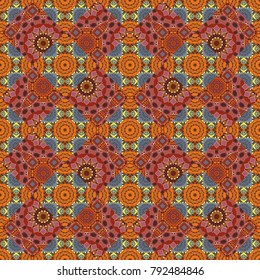Vector illustration. Background of geometric shapes and Mandalas in orange, green and brown colors. Mosaic seamless pattern.