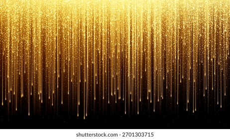 Fondo De Ilustración vectorial De Lluvia Brillante Dorada Con Largas Corrientes De Luz De Vertical De Fondo De Oro Brillante.