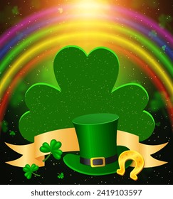 Vector illustration background with golden ribbon, light beams, horseshoe, rainbow, Leprechaun Top Hat and green clover for St Patricks day design