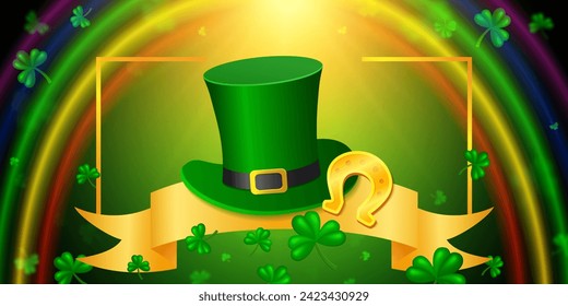 Vector illustration background with golden ribbon, light beams, horseshoe, rainbow, Leprechaun Top Hat and green clover for St Patricks day design