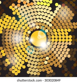a vector illustration of a background with golden shiny sparkles in different shades, with space for text or logo in the middle