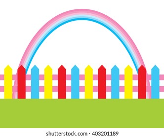vector illustration of background with grass, fence and rainbow