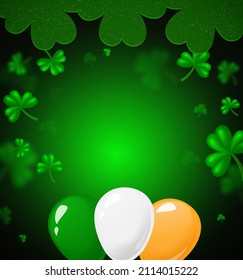 Vector illustration background with green clovers and colourful balloons for St Patricks day design