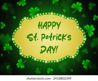 Vector illustration background with green clovers and sparkle banner for St Patricks day design