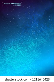 Vector illustration of a background with green line. Design for intelligence technology. Glow abstract design. Wireframe geometry on dark blue sky with broken line.