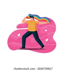 Vektorgrafik-Hintergrund, ein Typ, der die Stolzflagge anhebt. LGBT, queer, schwul, lesbisch, feministisch.