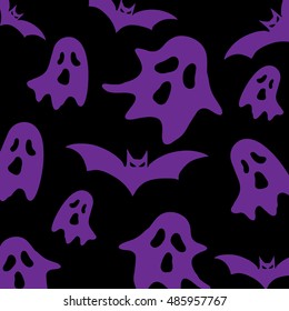Vector illustration background of Halloween,purple ghost and bat, in black color.