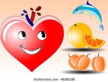 Vector illustration or background  of happy heart looking at tuna fish orange and apricot