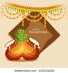 Vector illustration of a Background for Happy  Janmashtami Indian Festival of Lord Krishna Birthday.
