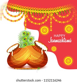 Vector illustration of a Background for Happy  Janmashtami Indian Festival of Lord Krishna Birthday.