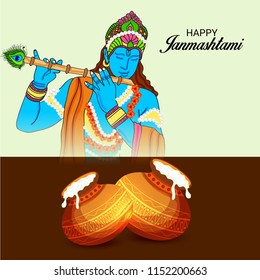 Vector illustration of a Background for Happy  Janmashtami Indian Festival of Lord Krishna Birthday.