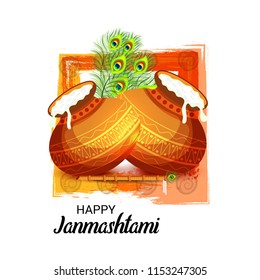 Vector illustration of a Background for Happy  Janmashtami Indian Festival of Lord Krishna Birthday.
