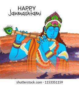 Vector illustration of a Background for Happy  Janmashtami Indian Festival of Lord Krishna Birthday.