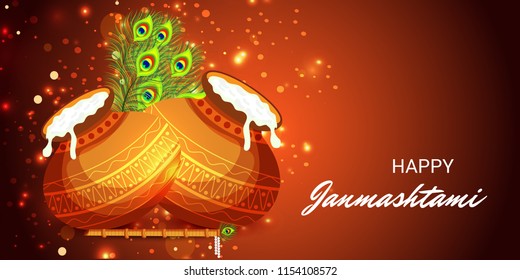 Vector illustration of a Background for Happy  Janmashtami Indian Festival of Lord Krishna Birthday.