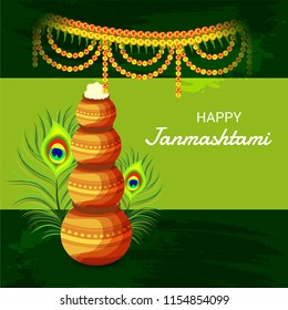 Vector illustration of a Background for Happy  Janmashtami Indian Festival of Lord Krishna Birthday.