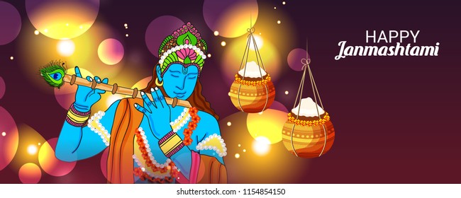Vector illustration of a Background for Happy  Janmashtami Indian Festival of Lord Krishna Birthday.