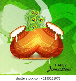 Vector illustration of a Background for Happy  Janmashtami Indian Festival of Lord Krishna Birthday.