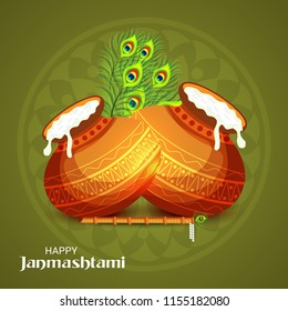 Vector illustration of a Background for Happy  Janmashtami Indian Festival of Lord Krishna Birthday.