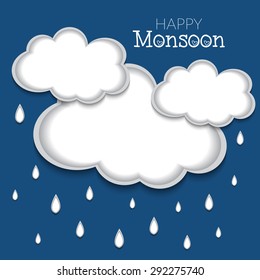 Vector illustration of a background for Happy Monsoon Season with clouds and raindrops.