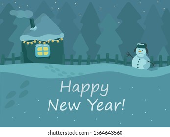 
vector illustration background. happy new year greeting card. 
winter landscape with a snowman and a house