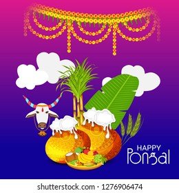 Vector illustration of a Background for Happy Pongal Holiday Harvest Festival of Tamil Nadu South India.