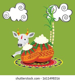 Vector illustration of a Background for Happy Pongal Holiday Harvest Festival of Tamil Nadu South India.