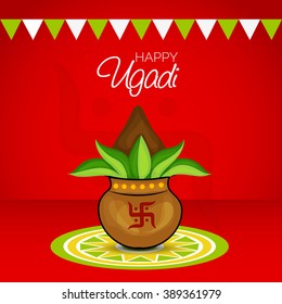 Vector illustration of a background for Happy Ugadi with Kalash and rangoli.