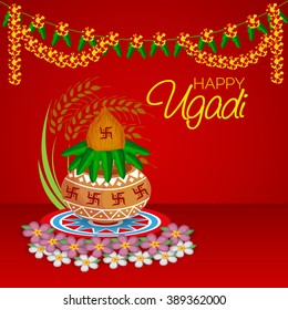 Vector illustration of a background for Happy Ugadi with Kalash and rangoli.