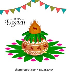 Vector illustration of a background for Happy Ugadi with Kalash and rangoli.