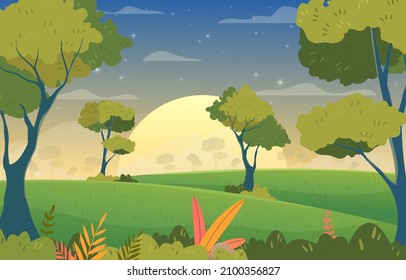 Vector illustration background Hill landscape Evening scenery with sunset light. Morning scenery with sunrise light. summer autumn