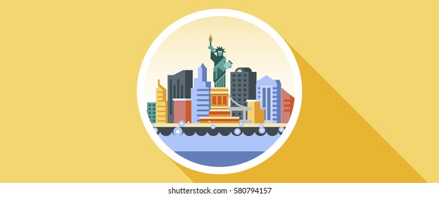 Vector illustration background icon circle flat style architecture buildings monuments town city country travel USA, welcome New York, Statue of Liberty, United States of America, bridge, skyscrapers