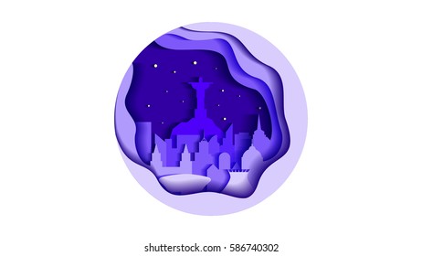 Vector illustration background icon circle flat style architecture buildings town country travel Brazil South America, Rio de Janeiro statue Christ Savior, top mountain Corcovado, skyscrapers, welcome