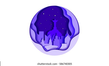 Vector illustration background icon circle flat style architecture buildings town country travel Brazil South America, Rio de Janeiro statue Christ Savior, top mountain Corcovado, skyscrapers, welcome