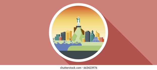 Vector illustration background icon circle flat style architecture buildings town country travel Brazil South America, Rio de Janeiro statue Christ Savior, top mountain Corcovado, skyscrapers, welcome