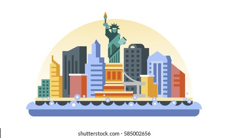 Vector illustration background icon in flat style architecture buildings monuments town city country travel USA, welcome New York, Statue of Liberty, United States of America, bridge, skyscrapers