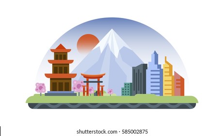 Vector illustration background icon in flat style architecture buildings monuments town city country travel printed materials, cover, Japan, monuments, Tokyo, Japanese culture, landscape, mountain